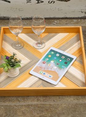 实木拼接复古托盘商用下午茶盘子水果点心家用茶具木托盘橙色茶盘