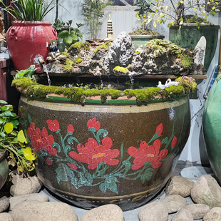 古法养鱼缸粗陶缸复古做旧纯手工堆花大口径土陶缸流水缸老旧土缸