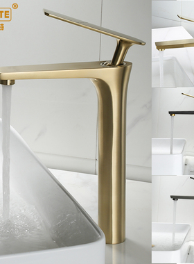 轻奢拉丝金水龙头冷热全铜洗脸盆北欧简约黄铜黑色枪灰台上盆龙头