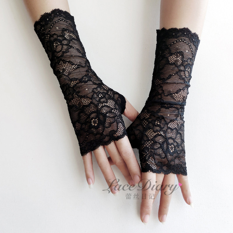 xls01夏季防晒遮疤透气时尚薄蕾丝半指露指无指长款女士女生手套