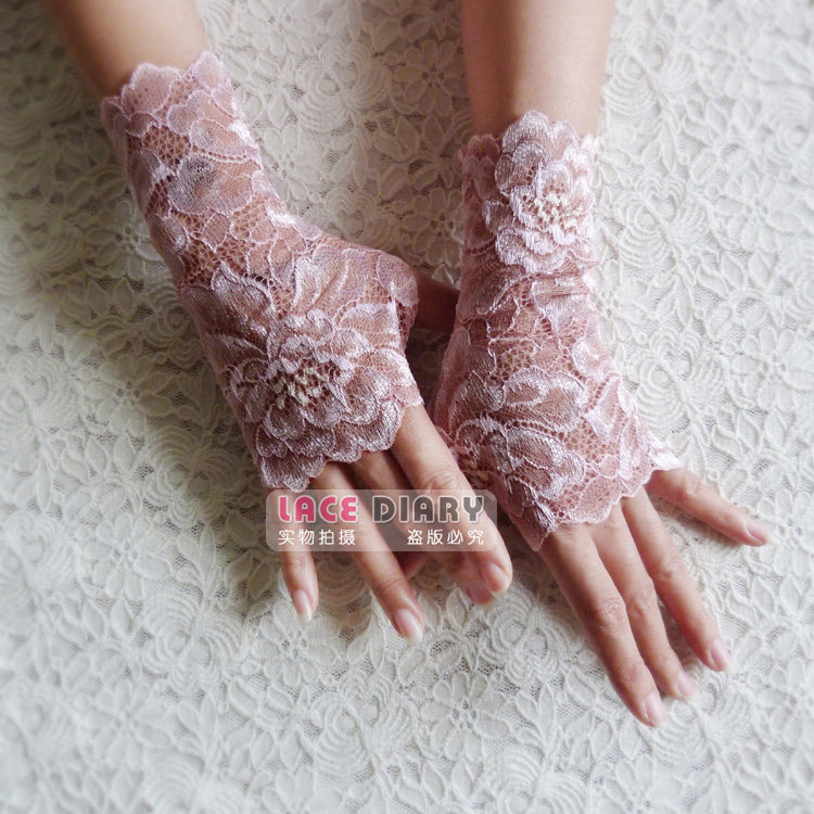 LS62原创手工定制防晒紫外线时尚遮疤痕蕾丝半指露指短手套粉色