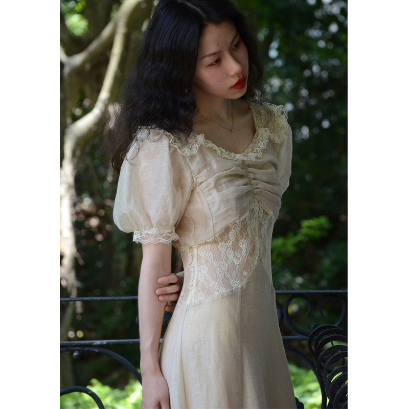 GreyGarden自制 夏蝉谣曲 复古油画少女感天丝麻法式蕾丝连衣裙
