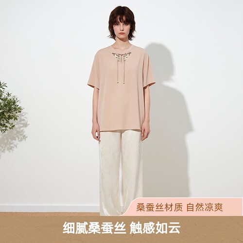 桑蚕丝上衣女 弹力双乔 复古风精致刺绣盘扣短袖衬衫81A2/26/95