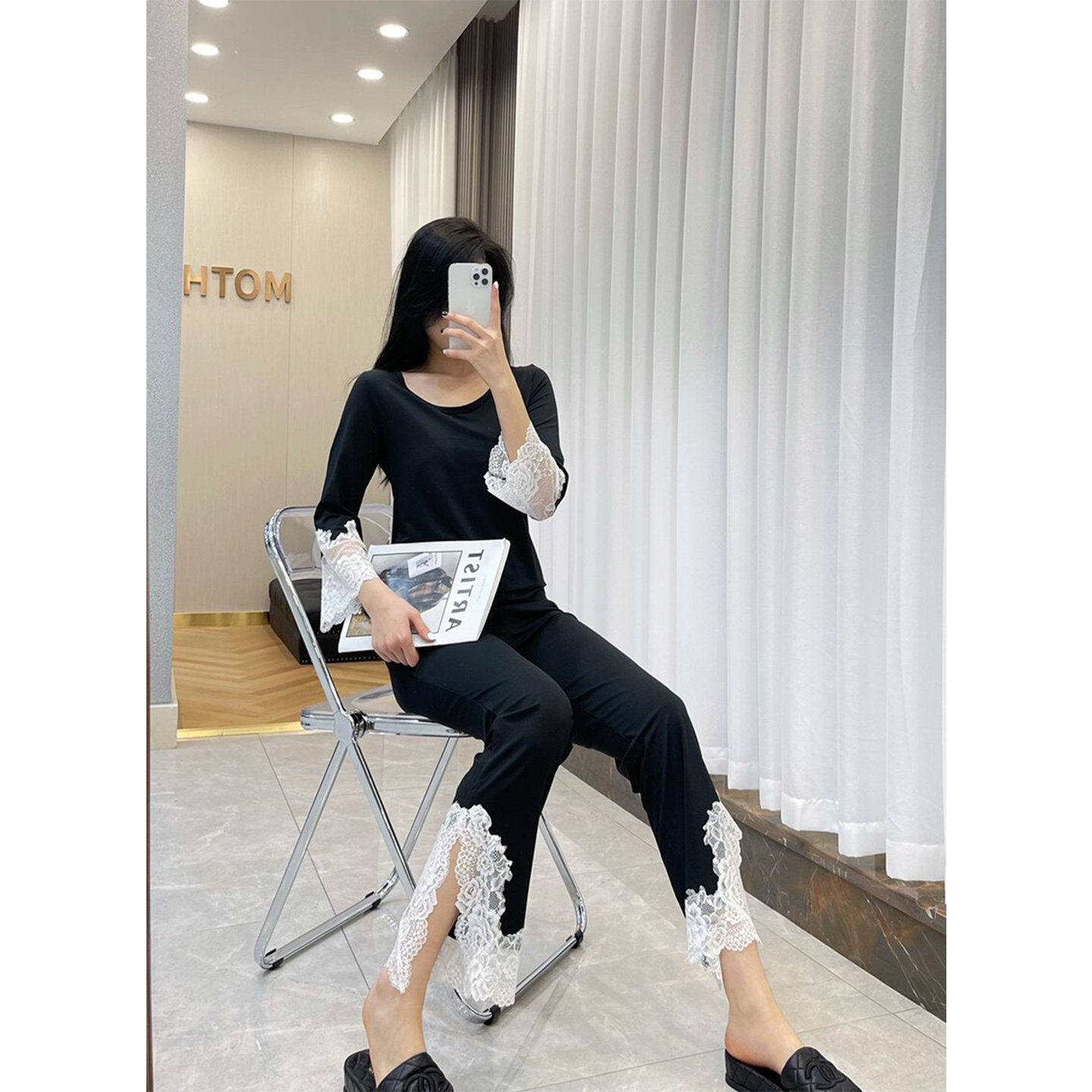 法式莫代尔蕾丝可外穿睡衣套装