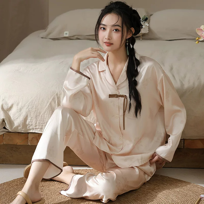 新中式桑蚕丝女士带胸垫睡衣套装
