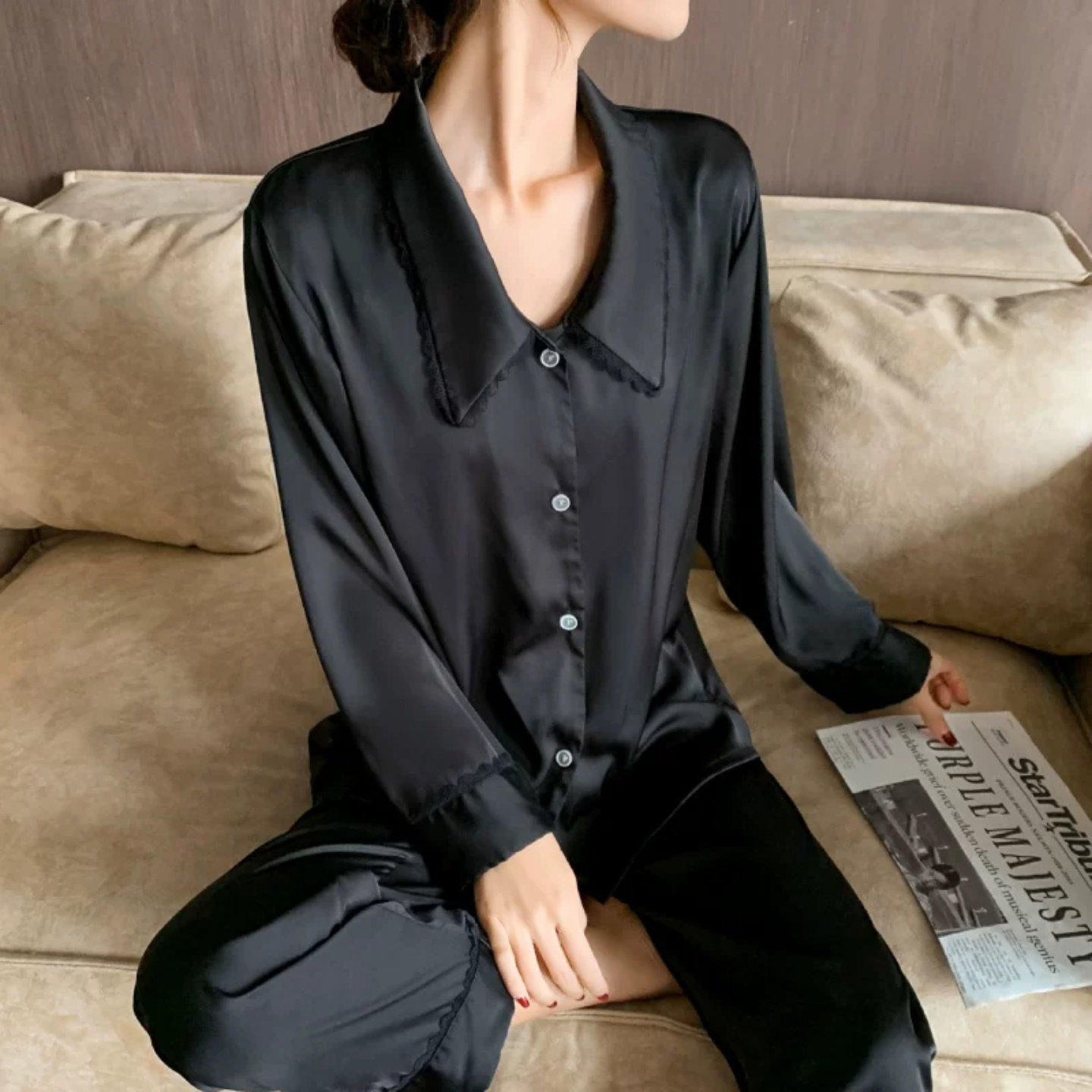 真丝柔软长袖娃娃领女睡衣套装
