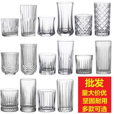 复古浮雕竖条纹玻璃杯高矮套装