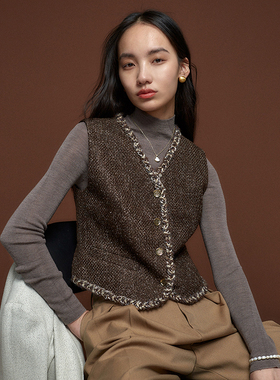 RAREST 浓郁乌木 羊毛粗花呢编织手工织带小香风马夹短款背心马甲