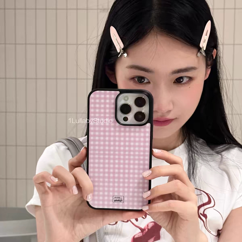 夏日百搭烟粉格子亚克力黑边亮面磨砂适用苹果16手机壳iPhone15ProMax14Pro1312mini保护套11XsMax防摔ins风