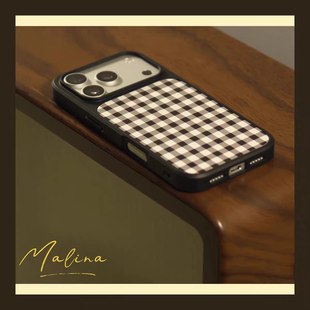 复古中性黑格子黑边适用于苹果iPhone17promax手机壳1613pro小米1415Pro华为mate60p70三星S23防摔小众保护套