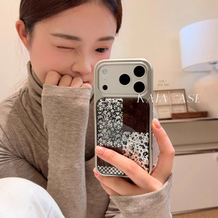 原创韩风ins艺术碎花拼接格纹滴胶手机壳适用苹果iPhone17promax手机壳小众16plus亮面壳15pro14防摔简约13
