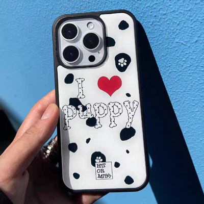 小狗斑点puppylove亚克力黑边亮面适用苹果16手机壳iPhone15ProMax14Pro1312mini保护套11XsMax防摔ins风xmax