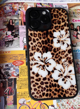 原创豹纹白色扶桑花亚克力黑边亮面磨砂适用苹果16手机壳iPhone15ProMax14Pro13保护套11XsMax防摔ins
