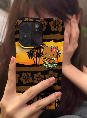 橘黄色椰子林kitty凯蒂猫苹果手机壳菲林壳适用iPhone16promax/15pro/13/14plus手机壳苹果12mini硬XS保护套
