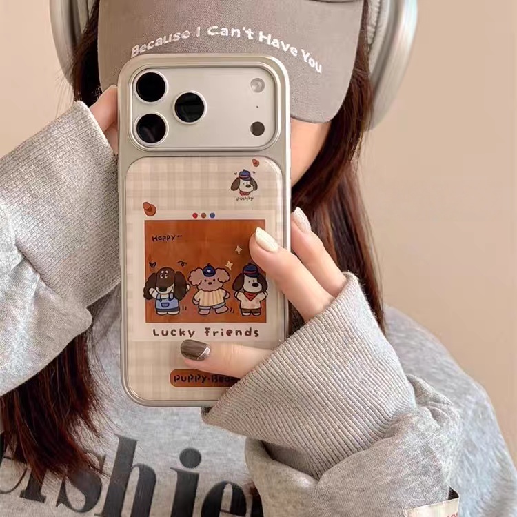 日韩可爱卡通格纹小狗插画适用苹果17ProMax手机壳iphone15新款16pro女13超火15pro电镀滴胶14防摔保护套