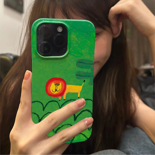 绿色艺术手绘狮子油画适用于苹果iPhone15pro/14promax/15/14/13/11xr菲林不会撞壳手机壳夏天小众高级感可爱