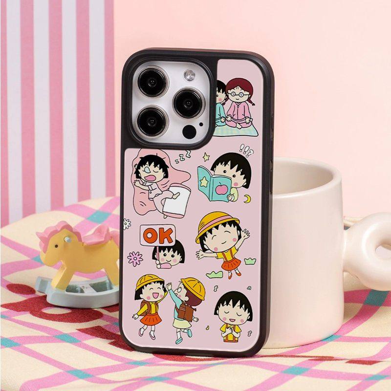 ins卡通樱桃小丸子亚克力黑边适用苹果iPhone16promax手机壳15pro小米14Pro保护套华为mate60P70防摔三星S23