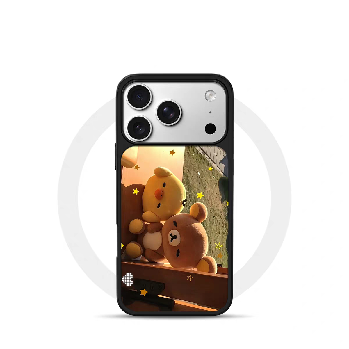 ins复古风呆萌小熊电镀银黑边适用苹果iPhone17promax手机壳16pro小米15Pro保护套华为mate80P70三星S23软壳