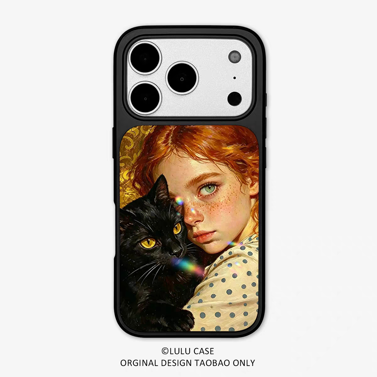 ins风雀斑少女与猫电镀银黑边适用苹果iPhone17promax手机壳16pro小米15Pro保护套华为mate80P70三星S23软壳