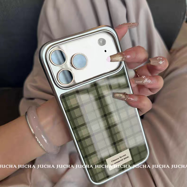 复古绿色格纹韩系新款银边滴胶手机壳适用苹果iPhone17promax高级感保护套小众16plus亮面15pro14防摔简约13
