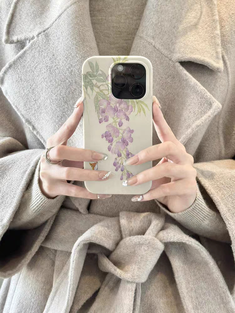 紫藤花卉苹果油画设计菲林壳适用iPhone15promax新中式13小众12手机壳iPhone14plus国潮男女华为mate60小米14