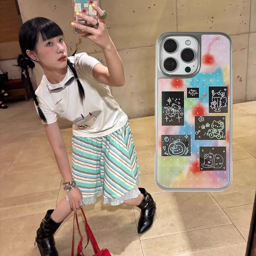 ins风可爱线条猫咪镜面手机壳适用苹果iPhone17promax手机壳软边16防摔15原创小米141312/11华为mate60P780