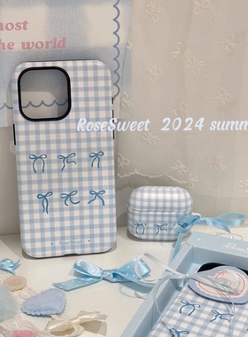 原创蝴蝶结 蓝色格子适用iPhone15promax苹果14菲林二合一131211硬华为mate60荣耀P70小米vivox100一加12oppo