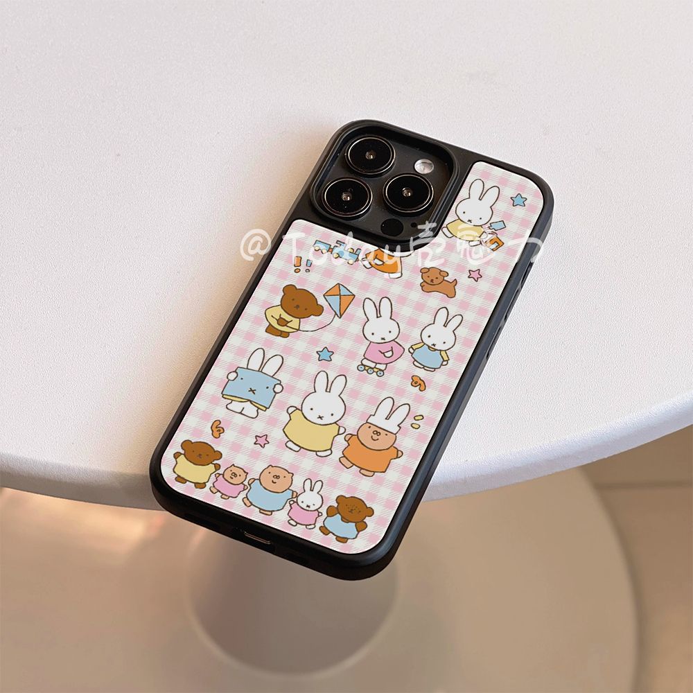 ins格纹满屏米菲兔亚克力黑边适用苹果iPhone16promax手机壳15pro小米14Pro保护套华为mate60P70防摔三星S23