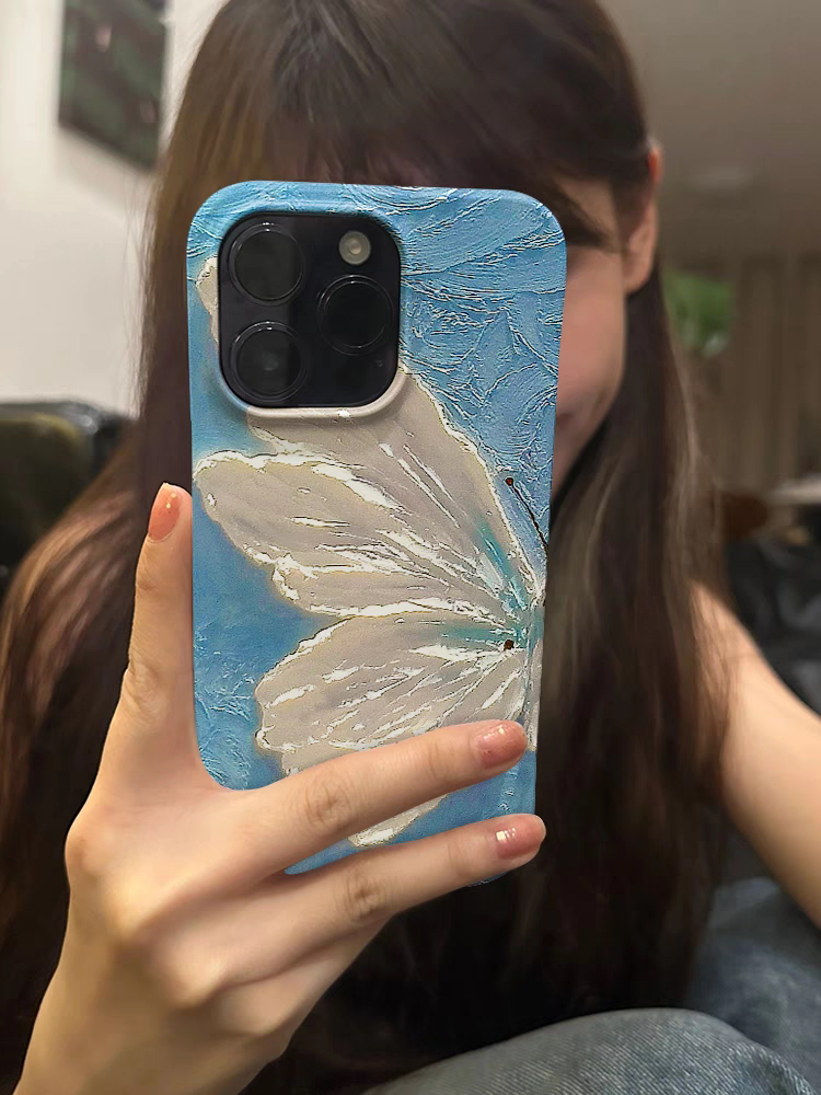 适用于苹果15promax手机壳iPhone13菲林11高级12华为mate60小米14plus艺术油画不撞壳白蝴蝶创意小众原创个性