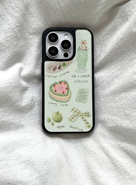 ins绿色蛋糕蝴蝶结黑边软壳适用苹果iPhone17promax手机壳16pro15小米14Pro保护套华为mate60P70防摔三星S23