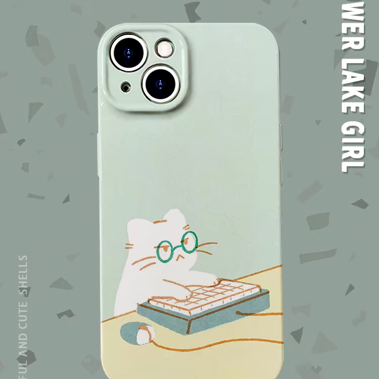 沉浸上班~简约打工猫插画菲林适用iPhone15promax手机壳华为pura70小米14红米k60软vivo硬iqooneo畅享60Reno8
