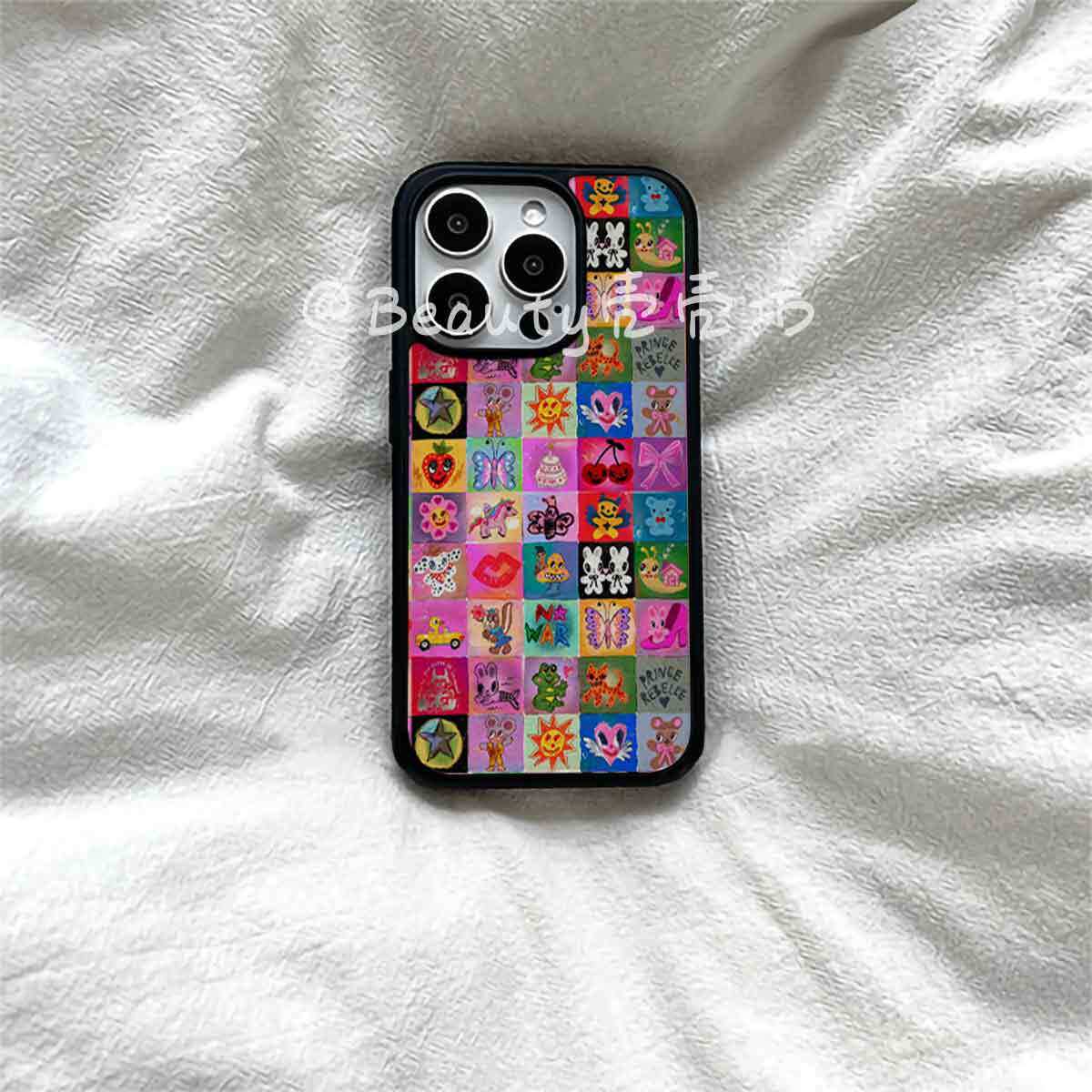 涂鸦拼图ins原创亚克力黑边适用苹果iPhone16promax手机壳15pro小米14Pro保护套华为mate60P70防摔三星S23