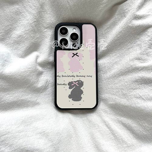 ins风波点格纹兔子亚克力黑边适用苹果iPhone17promax手机壳15pro小米14Pro保护套华为mate60P70防摔三星S23