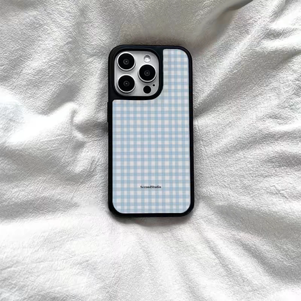 蓝色格纹ins亚克力黑边适用苹果iPhone16promax手机壳15pro小米14Pro保护套华为mate防摔三星S23荣耀原创个性