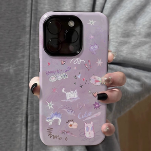 涂鸦炸毛猫咪菲林二合一手机壳适用苹果16nova13华为p70mate60小米15opporen13ovivo荣耀300iPhone15防摔