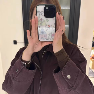 可爱俏皮kitty猫亚克力黑边亮面磨砂适用苹果16手机壳iPhone15ProMax14Pro1312保护套11XsMax防摔ins风手机壳