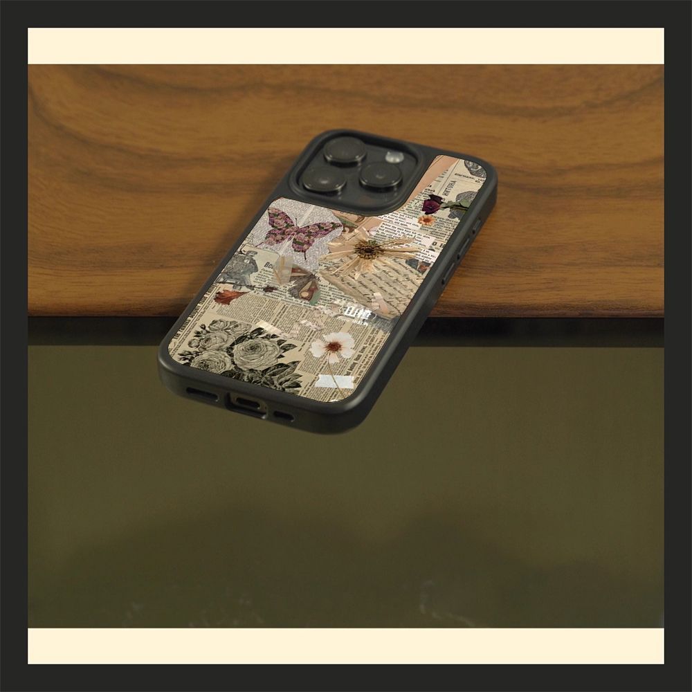 isn风个性报纸蝴蝶亚克力黑边适用苹果iPhone16promax手机壳15pro小米14Pro保护套华为mate60P70防摔三星S23