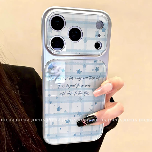ins韩系复古可爱蓝色格纹星大视窗手机壳适用苹果17promax手机壳iPhone16高级感肤感壳15plus创意14pro13防摔