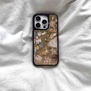 ins油画动物乐园亚克力黑边适用苹果iPhone16promax手机壳15pro小米14Pro保护套华为mate60P70防摔三星S23