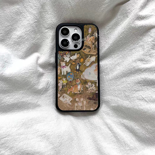 ins油画动物乐园亚克力黑边适用苹果iPhone16promax手机壳15pro小米14Pro保护套华为mate60P70防摔三星S23