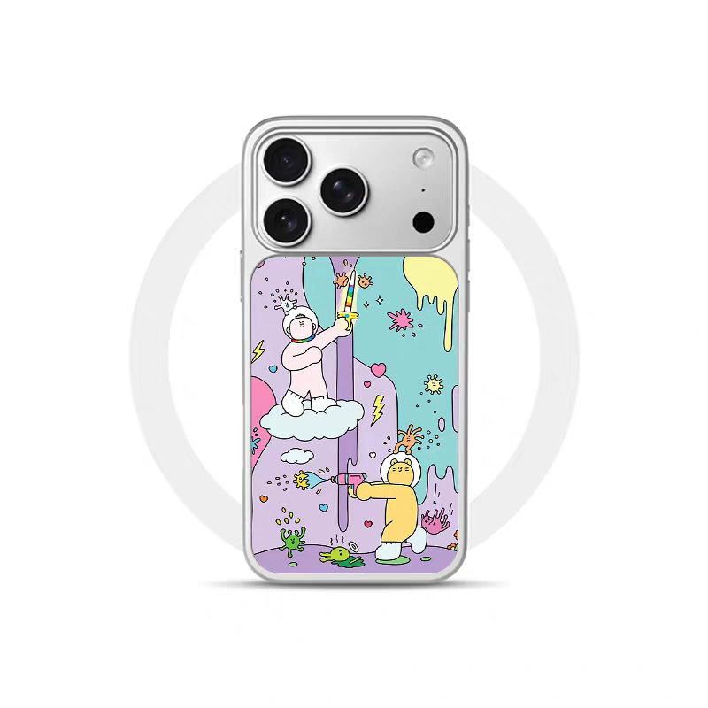 ins风复古插画童趣电镀银黑边适用苹果iPhone17promax手机壳16pro小米15Pro保护套华为mate80P70三星S23软壳