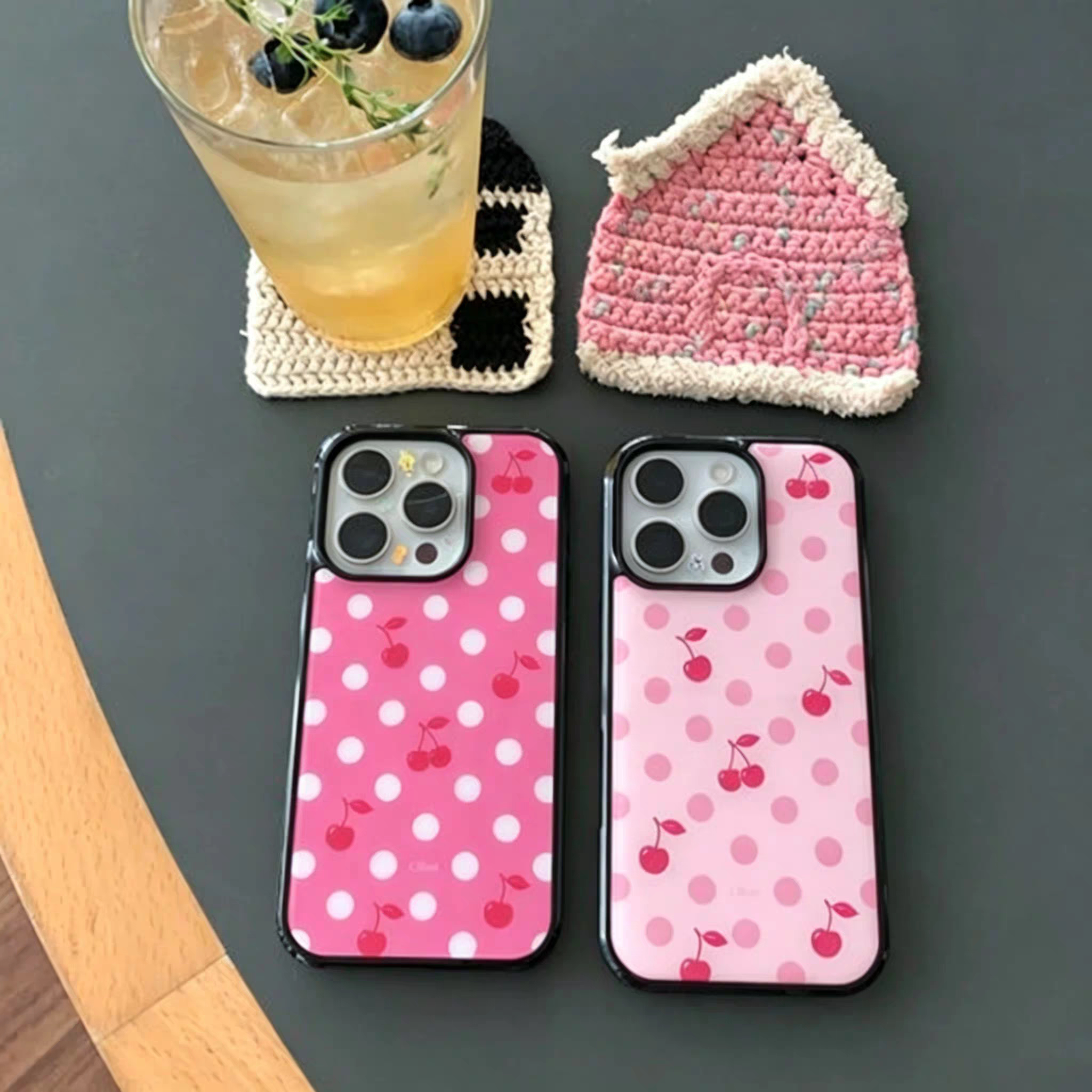 韩系ins少女心粉色波点樱桃黑边壳适用苹果iPhone18promax手机壳17pro小米15Pro保护套华为mate60P70荣耀oppo