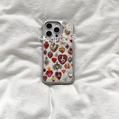 原创ins风复古红心亚克力电镀银边适用苹果iPhone16promax手机壳15pro14Pro保护套软壳13防摔可爱小众1112
