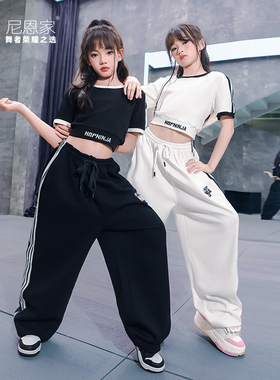 尼恩家女童爵士舞服套装jazz紧身短袖露脐T恤儿童街舞表演出服潮