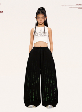 尼恩家女童绿色数字雨夏季薄款运动裤儿童爵士舞休闲卫裤演出服