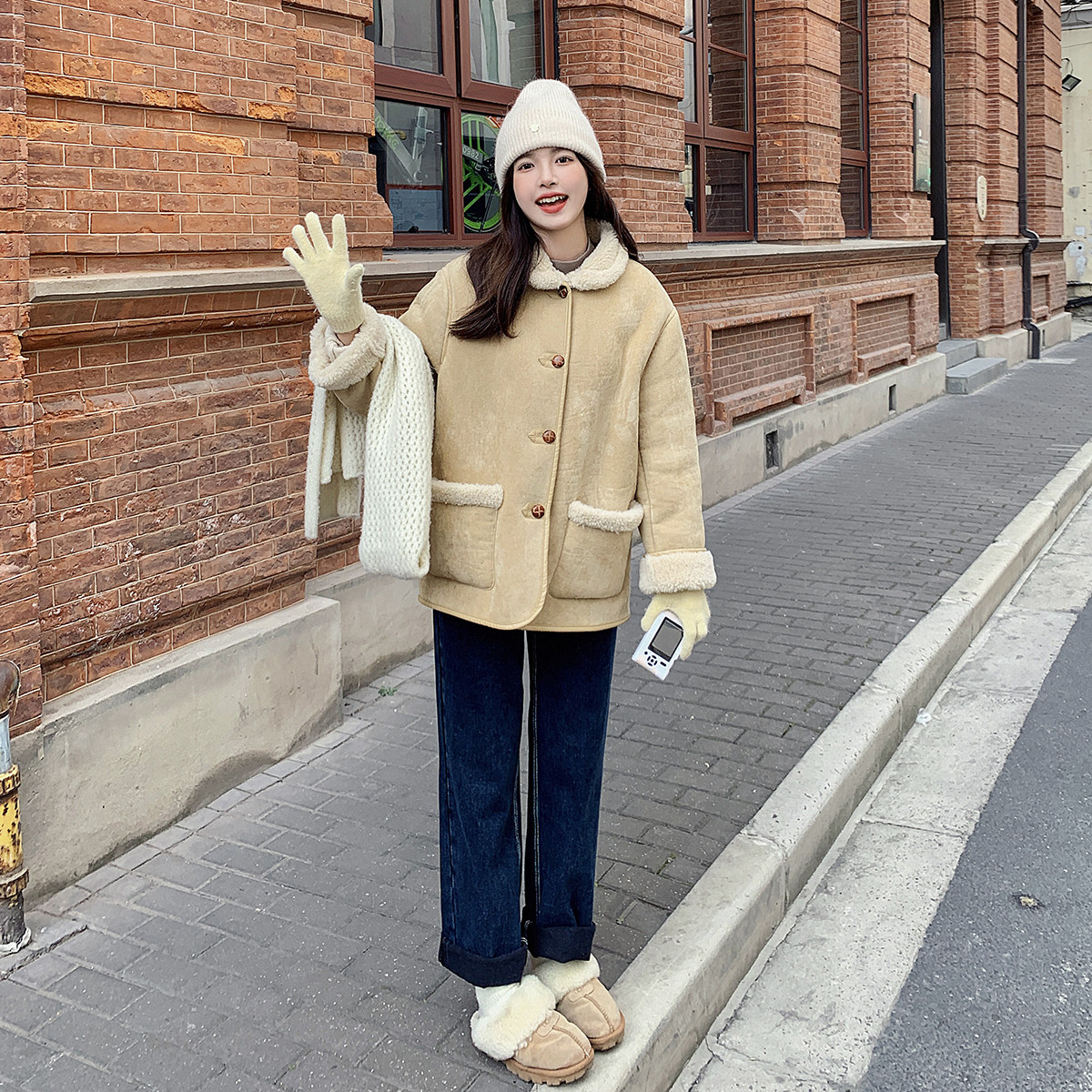 羊羔毛外套女2025新款女秋冬季款2025新款独特超好看短款皮毛一体,女装短外套,浙宝115