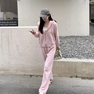 春季新款休闲运动套装女2024年韩版宽松粉色连帽卫衣阔腿裤两件套图片