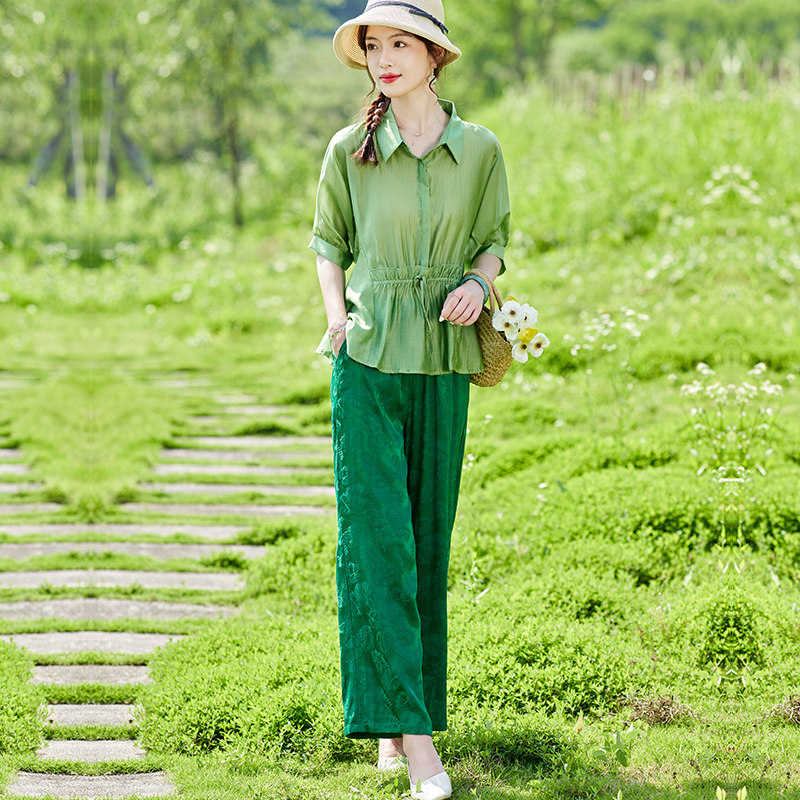 夏季套装女款 轻薄五分袖天丝衬衫中式提花裤潮 显瘦阔腿裤两件套