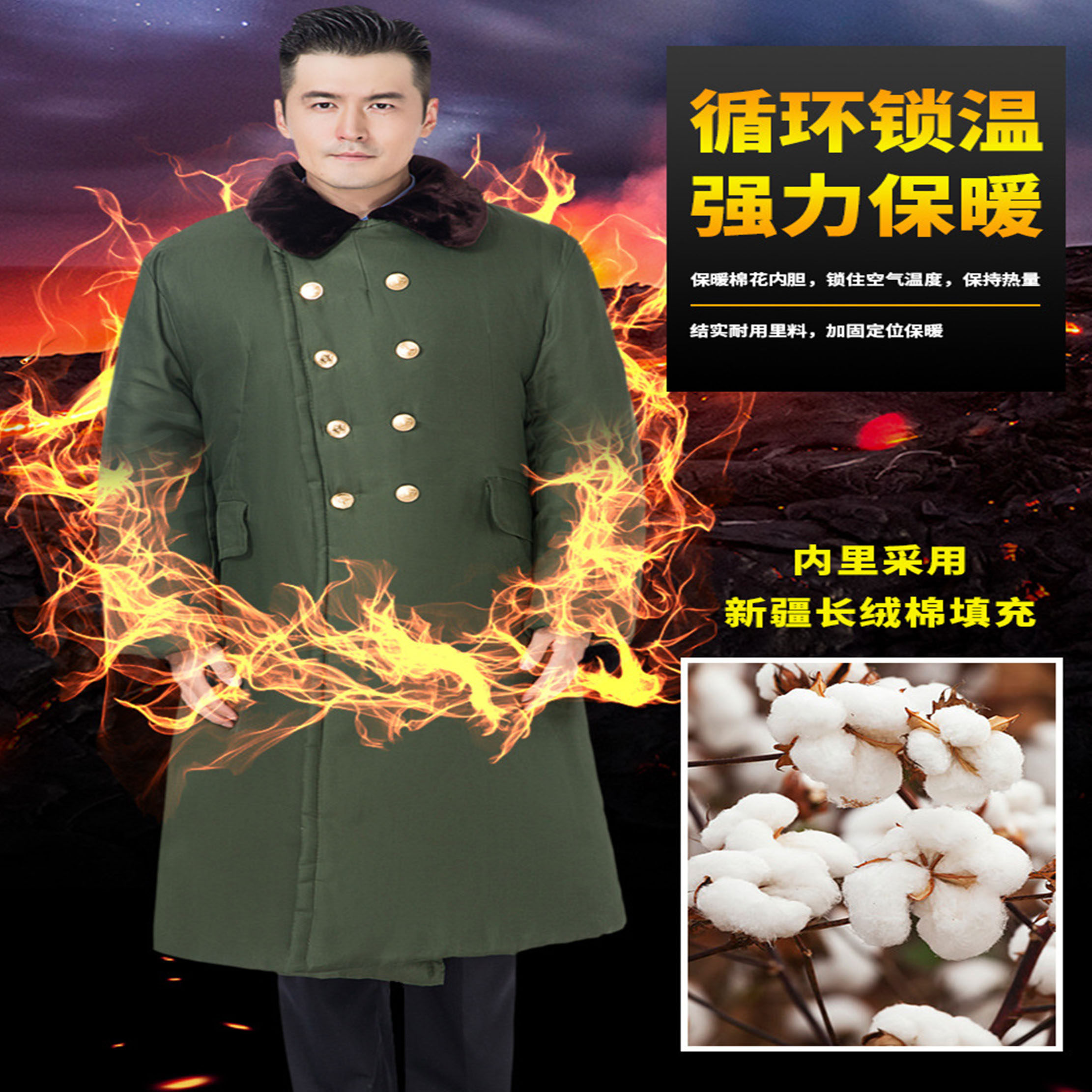 厂家批发冬季棉大衣加长过膝可拆卸加厚防寒保暖军绿色保安棉大衣