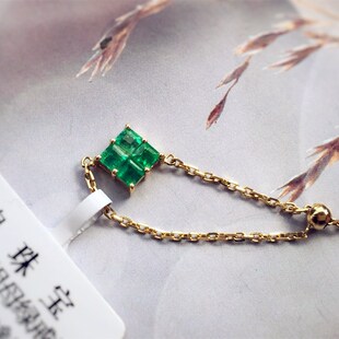 Cream-J18K金天然四粒祖母绿链条戒指日系轻奢时尚新宠可调节包邮